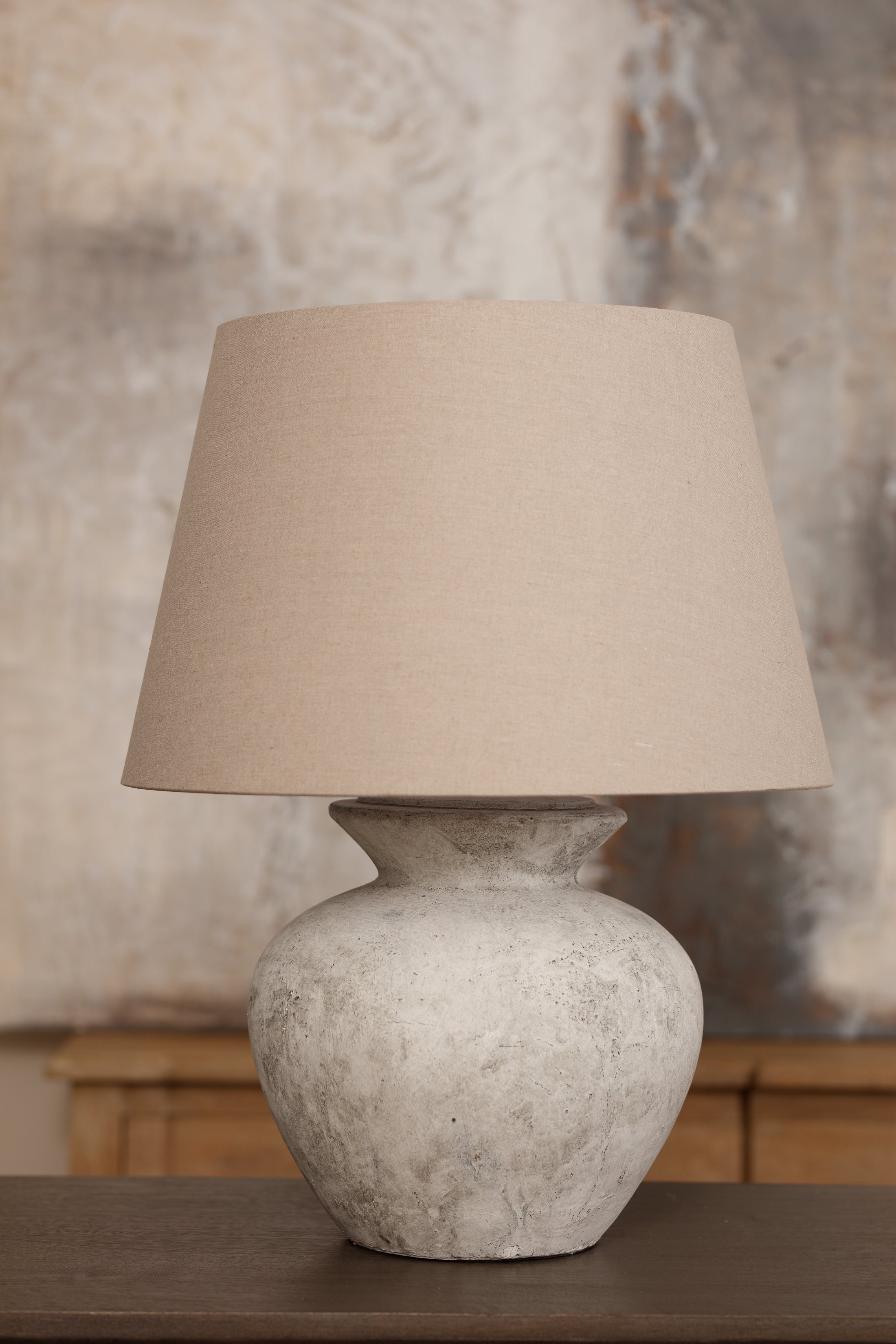Henderson Aged Stone Round Table Lamp with Linen Shade